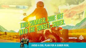 Motorcycle with text, this summer, ride off into the sunset. sober.