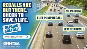 Highway scene with recall alerts on cars, urging drivers to check for vehicle safety recalls.