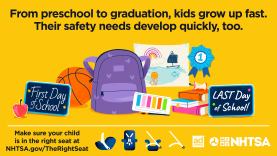 Car seat graphic with images and text that reads: From preschool to graduation, kids grow up fast. Their safety needs develop quickly, too.